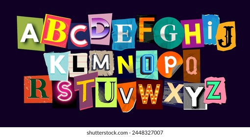 Creative collection of scrap book letters, ransom note alphabet. Vector font illustration.