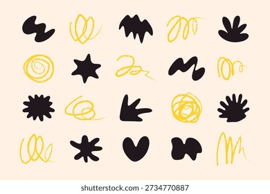 A creative collection of twenty hand-drawn vector elements including organic black blobs, yellow scribbles, swirls, and abstract spots. Minimalist design in a trendy Scandinavian style, perfect for branding, social media graphics, posters, prints, and modern decorative projects.