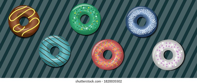 Creative Collection of vector glazed sweet colored donuts. Baking snack cake breakfast donut food baking sugar chocolate delicious