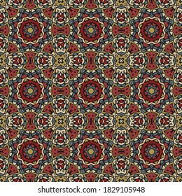 Creative color abstract geometric mandala pattern in red. gold and black, vector seamless, can be used for printing onto fabric, interior, design, textile