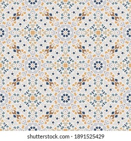 Creative color abstract geometric mandala pattern in beige blue orange, vector seamless, can be used for printing onto fabric, interior, design, textile.