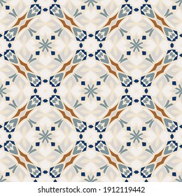 Creative color abstract geometric pattern in beige orange gray blue, vector seamless, can be used for printing onto fabric, interior, design, textile, tiles.