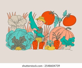 Creative color hand crafted vector illustration of whimsical garden scene with a farmer surrounded by various huge sized vegetables crops in flat technique set on plain background.