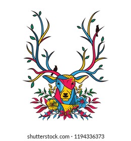 Creative color illustration of a cat head with floral element
