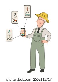 A creative color illustration of a farmer using digital technologies like IoT, GPS, weather data, and mobile apps to monitor and manage his agricultural operations. Cut out, plain background vector.