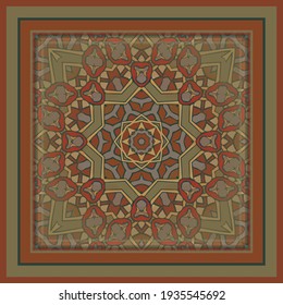 Creative color mandala pattern in orange brown green. Bright pattern for textiles, pillows, interior decoration. Scarf design. Frame.