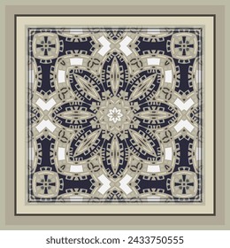 Patrón de mandala de color creativo en blanco gris beige azul para la decoración. Impresión para papel pintado, azulejos, textiles, pañuelo. Marco. Diseño de bufanda.