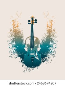 Creative color musical illustration. Vector drawing of realistic violin with floral patterns in retro style