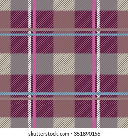 Creative color palette checkered plaid. Seamless pattern with stripes and diagonal hatching. Retro textile collection. Grey, brown, purple with pink and blue stripes.  Backgrounds & textures shop.