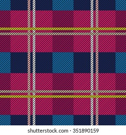 Creative color palette checkered plaid. Seamless pattern with stripes and diagonal hatching. Retro textile collection. Blue, purple with pink and yellow stripes. Backgrounds & textures shop. 