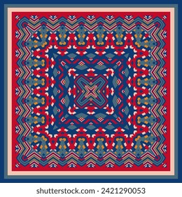 Creative color pattern in white red blue for decoration. Print for paper wallpaper, tiles, textiles, neckerchief. Frame.