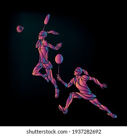 Creative color Professional Badminton players. Vector illustration. Two girls, women doubles championship banner template Eps10