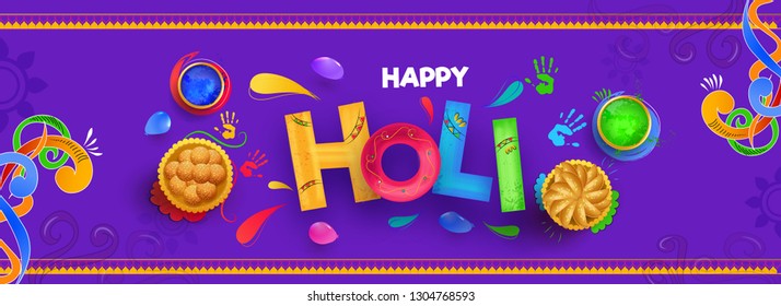 Creative color text holi with top view illustration of Indian sweets and color bowls on purple background for Festival Of Colors celebration.