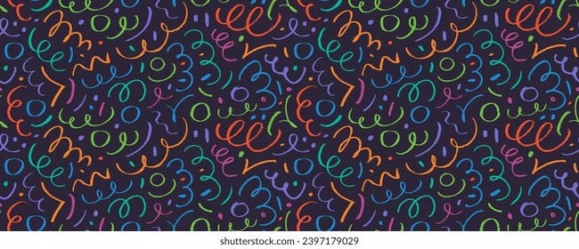 Creative colored abstract squiggles and scribbles seamless banner design. Hand drawn charcoal or pencil curls and swirls with dots seamless pattern. Charcoal chaotic vector strokes.