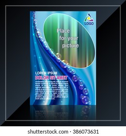 Creative Colored Business Flyer with Frame for Photo. Magazine Page, Brochure, Web Site Design with Bubbles. Blue Color. Place for Logotype. Vector Illustration