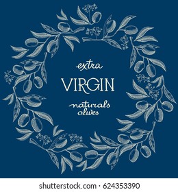 Creative colored foliated wreath with white letters, olives, stem and luxury blossom on blue background hand drawn doodle vector illustration