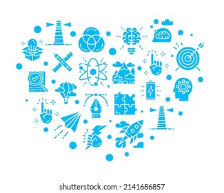 Kreative, farbige Symbole setzen sich in eine Herzform. Innovation, Start-up, Kunstwerke, Projekt, Ideenbanner-Symbole einzeln auf weißem Hintergrund.