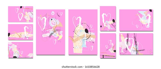 Creative colored Valentine's day card templates set. Collection of romantic invitations with gold abstraction background line color