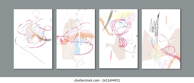 Creative colored Valentine's day card templates set. Collection of romantic invitations with gold abstraction background line color
