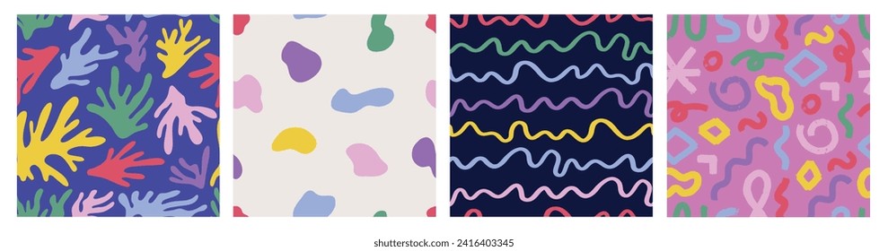 Creative colorful abstract style art background for children. Fun seamless pattern collection. Simple childish doodle wallpaper print set. Trendy texture design with basic shapes. Vector illustration