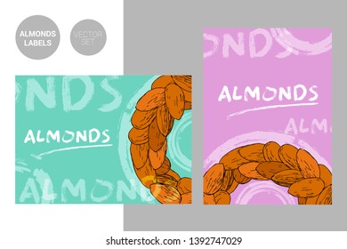 Creative colorful almonds labels with hand drawn typography and brush stroke elements. Semicircle of almond nuts on colorful background. Nut Badges ready for web and print.
