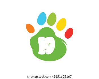Creative and colorful animal paw print logo featuring a bold white uppercase letter inside a green paw base with four colorful toes (red, yellow, blue, orange). This alphabet paw series is ideal 002