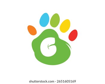 Creative and colorful animal paw print logo featuring a bold white uppercase letter inside a green paw base with four colorful toes (red, yellow, blue, orange). This alphabet paw series is ideal 004