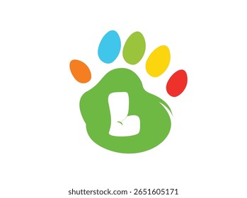 Creative and colorful animal paw print logo featuring a bold white uppercase letter inside a green paw base with four colorful toes (red, yellow, blue, orange). This alphabet paw series is 009