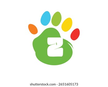 Creative and colorful animal paw print logo featuring a bold white uppercase letter inside a green paw base with four colorful toes (red, yellow, blue, orange). This alphabet paw series is ideal 017