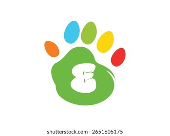 Creative and colorful animal paw print logo featuring a bold white uppercase letter inside a green paw base with four colorful toes (red, yellow, blue, orange). This alphabet paw series is ideal 006
