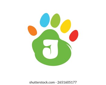 Creative and colorful animal paw print logo featuring a bold white uppercase letter inside a green paw base with four colorful toes (red, yellow, blue, orange). This alphabet paw series is ideal 011