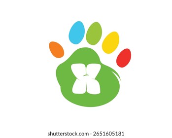 Creative and colorful animal paw print logo featuring a bold white uppercase letter inside a green paw base with four colorful toes (red, yellow, blue, orange). This alphabet paw series is ideal 016