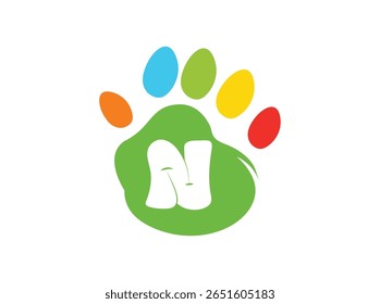 Creative and colorful animal paw print logo featuring a bold white uppercase letter inside a green paw base with four colorful toes (red, yellow, blue, orange). This alphabet paw series is ideal 013