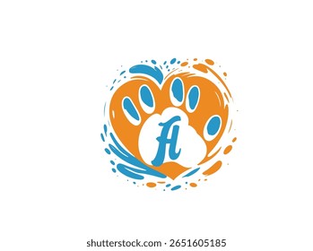 Creative and colorful animal paw print logo featuring a bold white uppercase letter inside a green paw base with four colorful toes (red, yellow, blue, orange). This alphabet paw series is ideal  32