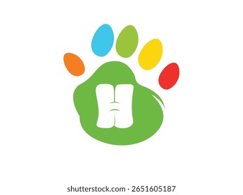 Creative and colorful animal paw print logo featuring a bold white uppercase letter inside a green paw base with four colorful toes (red, yellow, blue, orange). This alphabet paw series is ideal 010