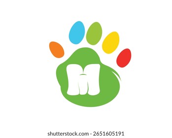 Creative and colorful animal paw print logo featuring a bold white uppercase letter inside a green paw base with four colorful toes (red, yellow, blue, orange). This alphabet paw series is ideal 014