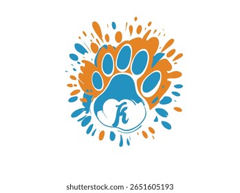 Creative and colorful animal paw print logo featuring a bold white uppercase letter inside a green paw base with four colorful toes (red, yellow, blue, orange). This alphabet paw series is ideal 30