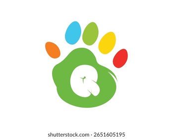 Creative and colorful animal paw print logo featuring a bold white uppercase letter inside a green paw base with four colorful toes (red, yellow, blue, orange). This alphabet paw series is ideal 015