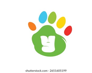Creative and colorful animal paw print logo featuring a bold white uppercase letter inside a green paw base with four colorful toes (red, yellow, blue, orange). This alphabet paw series is ideal 018