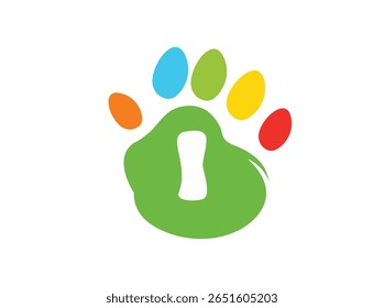 Creative and colorful animal paw print logo featuring a bold white uppercase letter inside a green paw base with four colorful toes (red, yellow, blue, orange). This alphabet paw series is ideal  012