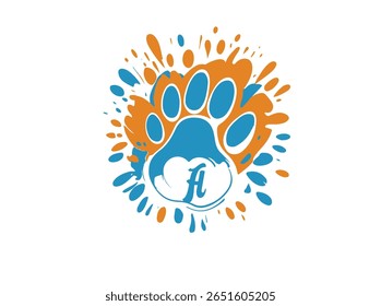 Creative and colorful animal paw print logo featuring a bold white uppercase letter inside a green paw base with four colorful toes (red, yellow, blue, orange). This alphabet paw series is ideal 29