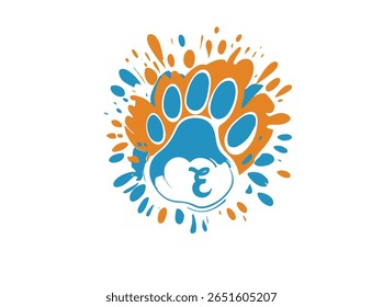 Creative and colorful animal paw print logo featuring a bold white uppercase letter inside a green paw base with four colorful toes (red, yellow, blue, orange). This alphabet paw series is ideal 24