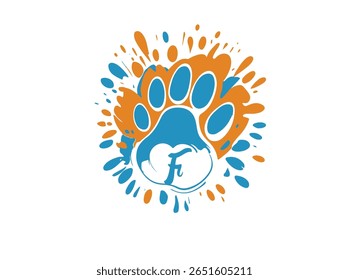 Creative and colorful animal paw print logo featuring a bold white uppercase letter inside a green paw base with four colorful toes (red, yellow, blue, orange). This alphabet paw series is ideal 25