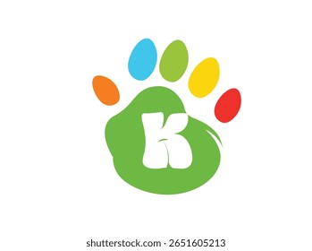 Creative and colorful animal paw print logo featuring a bold white uppercase letter inside a green paw base with four colorful toes (red, yellow, blue, orange). This alphabet paw series is ideal 005