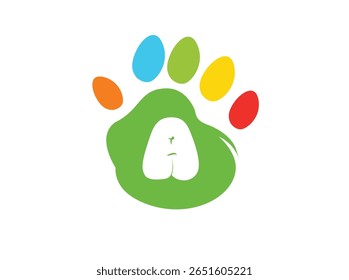 Creative and colorful animal paw print logo featuring a bold white uppercase letter inside a green paw base with four colorful toes (red, yellow, blue, orange). This alphabet paw series is ideal 001