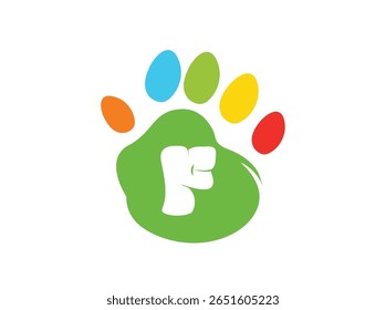 Creative and colorful animal paw print logo featuring a bold white uppercase letter inside a green paw base with four colorful toes (red, yellow, blue, orange). This alphabet paw series is 008