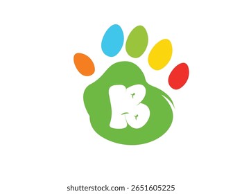 Creative and colorful animal paw print logo featuring a bold white uppercase letter inside a green paw base with four colorful toes (red, yellow, blue, orange). This alphabet paw series is ideal 003