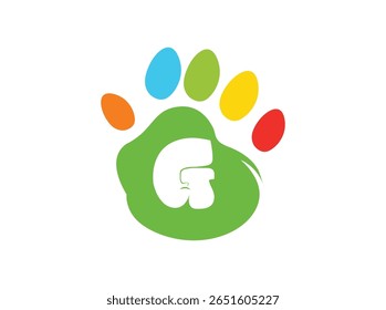 Creative and colorful animal paw print logo featuring a bold white uppercase letter inside a green paw base with four colorful toes (red, yellow, blue, orange). This alphabet paw series is ideal 007