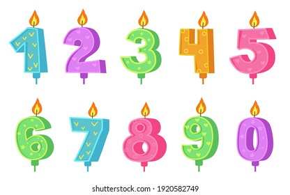 Creative colorful anniversary number candles flat items set. Cartoon candles for birthday cake isolated vector illustration collection. Celebration and decoration concept