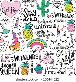 Creative colorful art drawing seamless endless repeating pattern texture with elements like unicorn, pineapple, cactus, rainbow etc. / Vector illustration design for fabrics, wallpapers or other uses.